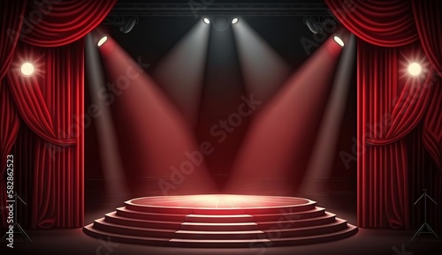 Stage for a show or TV entertainment with microphone, stairs, red curtains, spotlights, illumination and decor. Generative ai