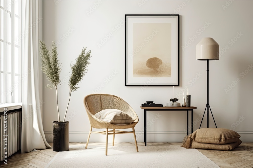 Fototapeta premium A trendy living room with a cream wall and an empty vertical picture frame. interior design mockup in a modern, Scandinavian design. Picture space is available. a console, a vase of flowers, and a cha