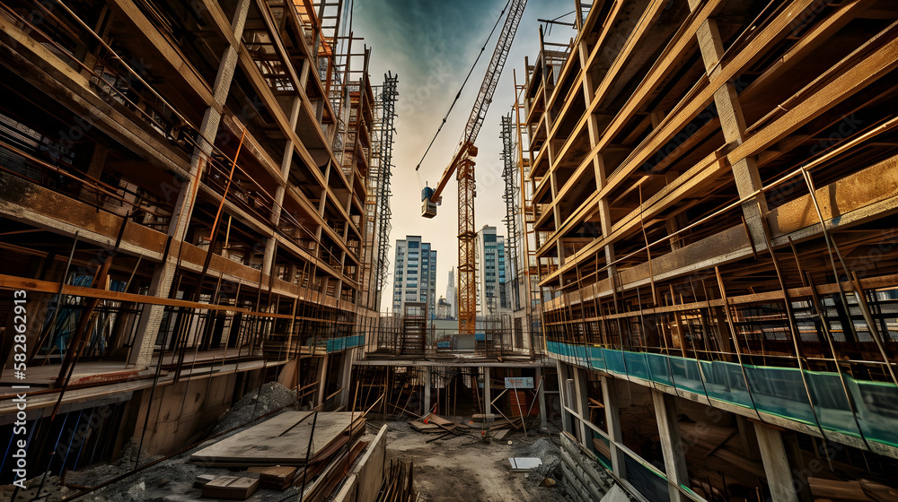  a symmetrical image of a construction site featuring a large crane lifting heavy materials, ai generated