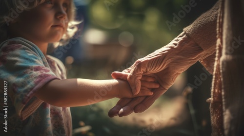 A Touch of Love: Old Lady Holding the Hands of the Little Ones, Old Lady Holding Children's Hand, GENERATIVE AI