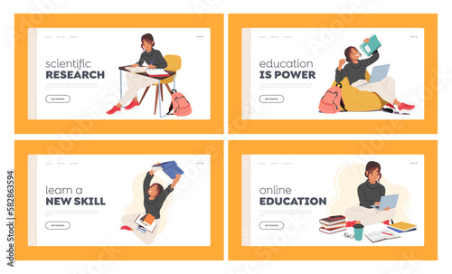 Student Girl Landing Page Template Set. Character in Different Situations Learning, Prepare for Exam, Work on Laptop