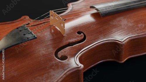 close up 3d macro render of a violin bridge and a string 