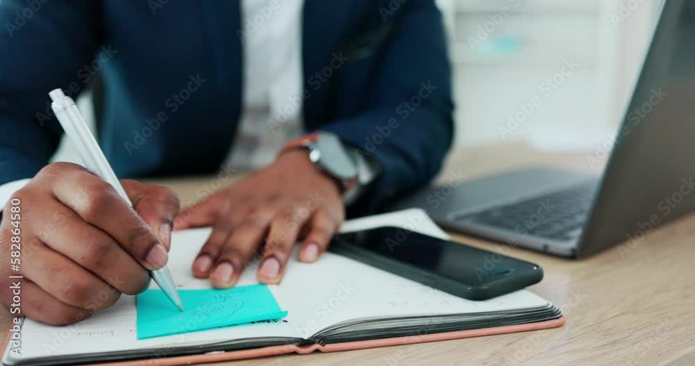 Writing, notebook and hands of business man at desk working on schedule, planning and strategy. Corporate, productivity and male worker write on sticky note for meeting, report and research on laptop Writing, notebook and hands of business man at desk working on schedule, planning and strategy. Corporate, productivity and male worker write on sticky note for meeting, report and research on laptop