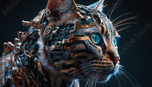 Cyborg Cat, Mechanical AI Pet, Head of a cat with Circuits and chips, Robotic Cat
