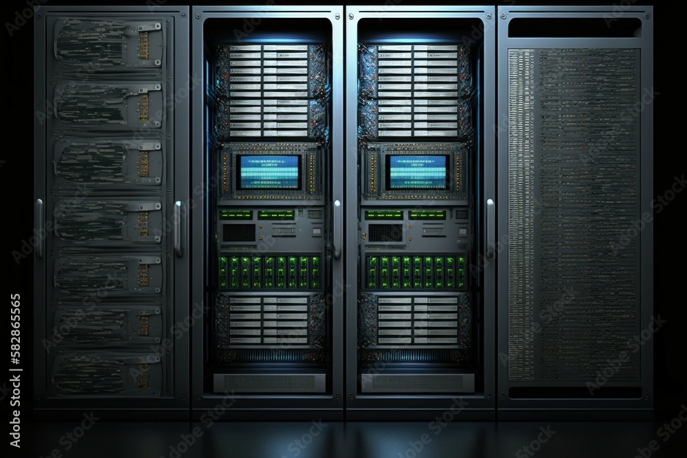 Modern Data center with computer servers. AI generated, human enhanced.
