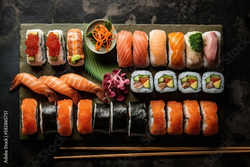 Top view of sushi rolls. Generative AI