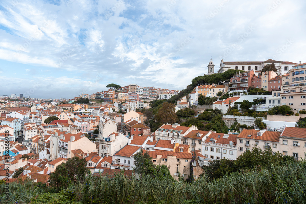 Aerial panoramic view of Lisbon, Portugal. Drone photo of the Lisbon old town skyline. Historical district in capital city of Portugal