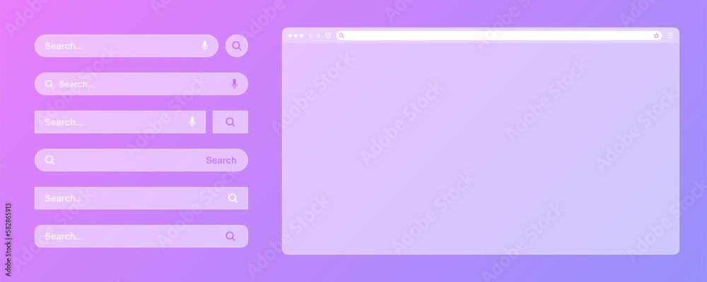 Blank transparent internet browser window with various search bar templates. Web site engine with search box, address bar and text field. UI design, website interface elements. Vector illustration Blank transparent internet browser window with various search bar templates. Web site engine with search box, address bar and text field. UI design, website interface elements. Vector illustration