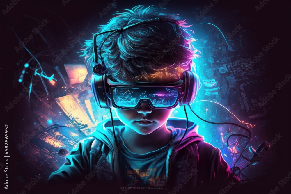 Boy or teenager wearing virtual reality glasses. AI generated, human enhanced. Boy or teenager wearing virtual reality glasses. AI generated, human enhanced.