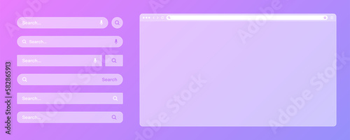 Blank transparent internet browser window with various search bar templates. Web site engine with search box, address bar and text field. UI design, website interface elements. Vector illustration