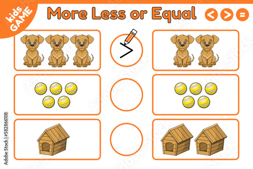 Math game for children. Count and write the sign More, less or equal. Page of activity book for kids. Worksheet for preschool and school education. Cartoon dog, kennel and ball. Vector illustration.