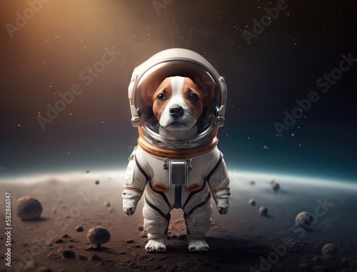 A dog in a space suit standing on the surface of a planet, an astronaut in space. Space art concept. Generative AI.