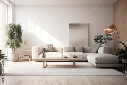a mock up area where you can display your product with a blurred modern minimalist living room décor in the background. Generative AI