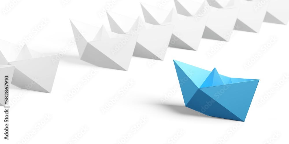 Red paper boat in front of group of white paper boats over white background, leader, team or business management or direction concept Red paper boat in front of group of white paper boats over white background, leader, team or business management or direction concept