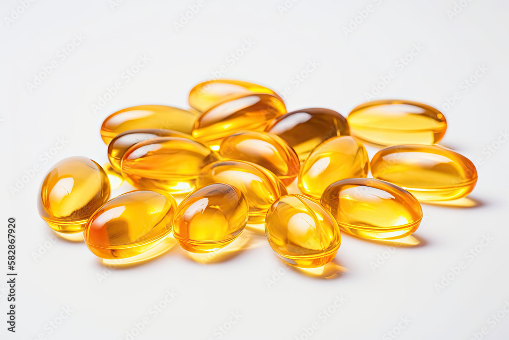 Fish oil capsules on white background. AI generative image. Fish oil capsules on white background. AI generative image.