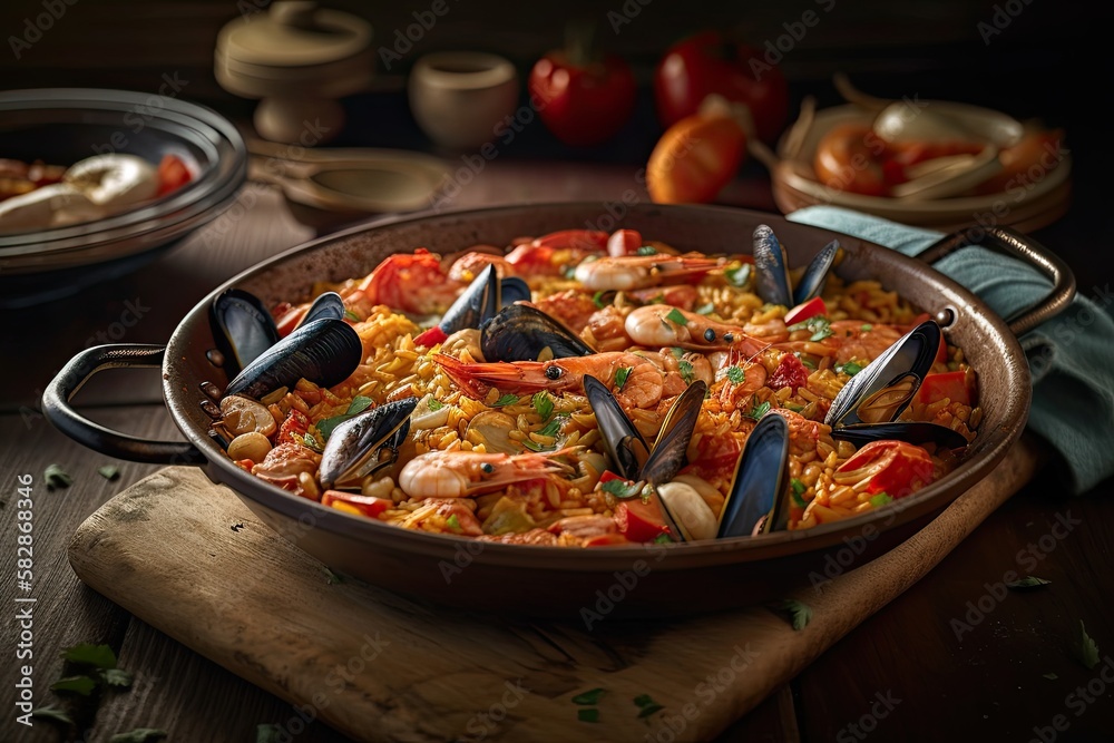 Spanish Paella in an iron bowl. Generative AI Spanish Paella in an iron bowl. Generative AI