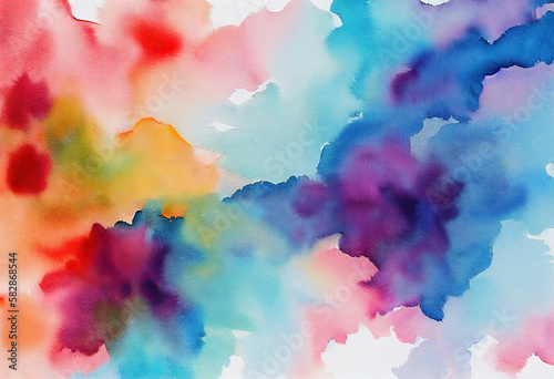 Watercolor texture on white paper, lush, beautiful, overflowing rainbow colours, generative AI. © dreamalittledream