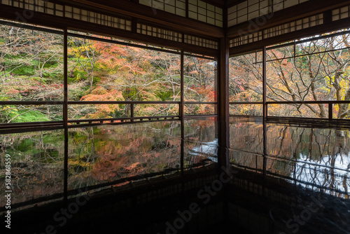Fototapeta Naklejka Na Ścianę i Meble -  日本　京都府京都市にある瑠璃光院の書院　写経机に反射した瑠璃の庭の紅葉
