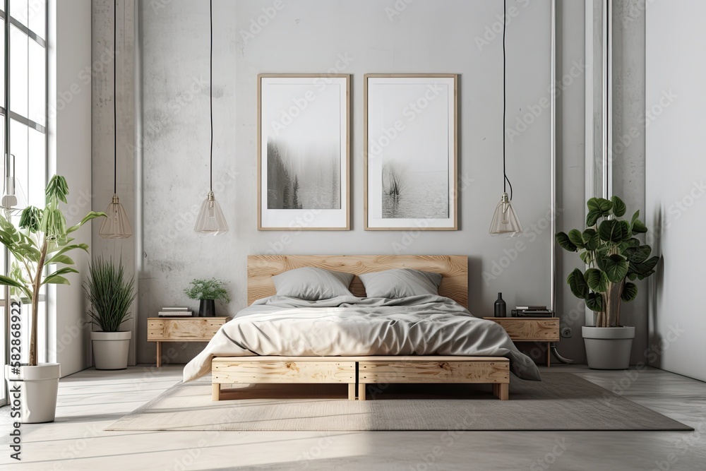 A bedroom with a simple style and two banners on a white wall also has ...