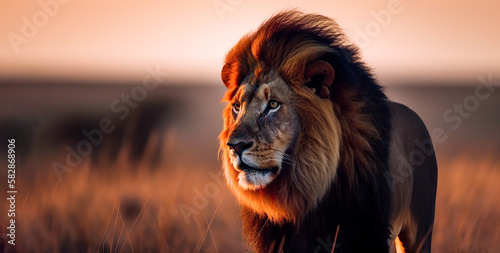 Stunning portrait of a majestic and powerful lion in the wild. Generative AI