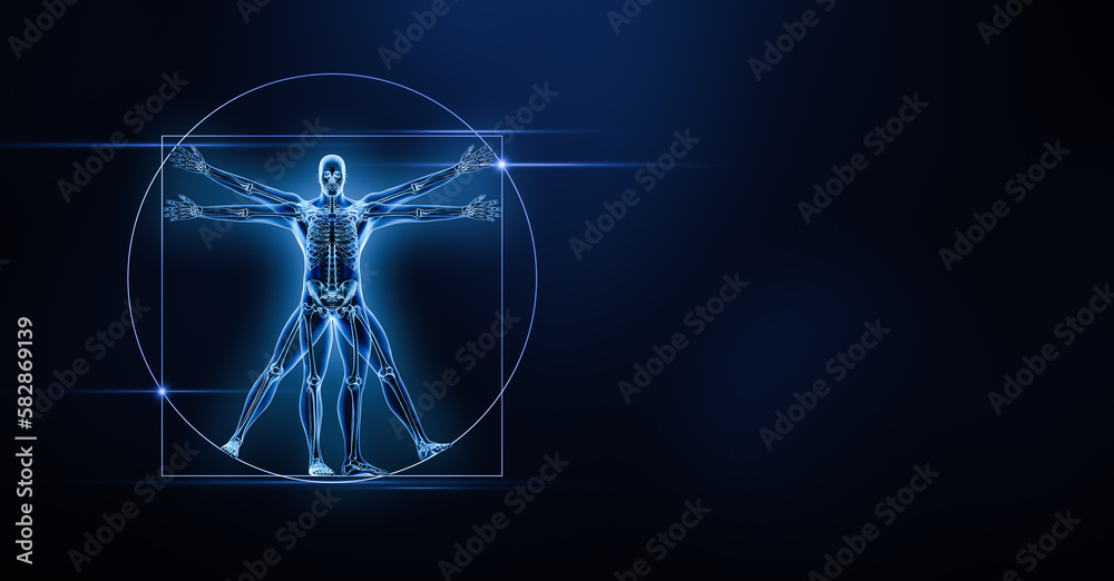 Human male body and bones xray 3D rendering illustration with copy ...
