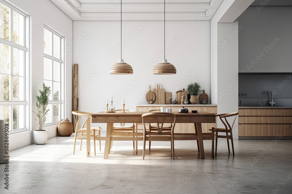 Modern dining room with a table and dishes and wooden seats. concrete ...