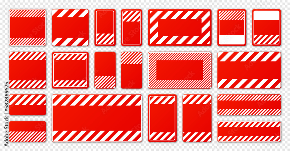 Various blank red warning signs with diagonal lines. Attention, danger or caution sign, construction site signage. Realistic notice signboard, warning banner, road shield. Vector illustration