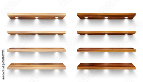 Realistic wooden store shelves with lighting, spotlights. Empty product shelf, grocery wall rack. Mall and supermarket furniture, bookshelf. Modern interior design element. Vector illustration