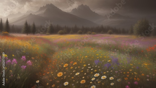 Flower meadow  landscape  illustration