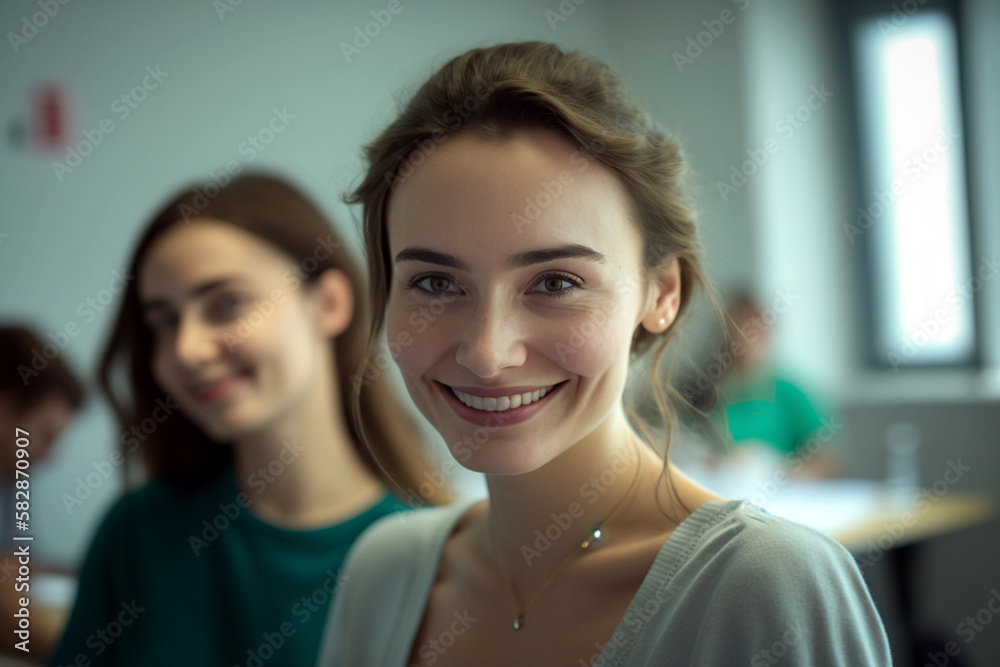young adult woman in a room,fictional place like a classroom. Generative AI young adult woman in a room,fictional place like a classroom. Generative AI