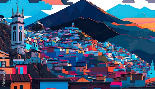 Ecuador Quito neon cityscape . Creative illustration. (Ai Generate)