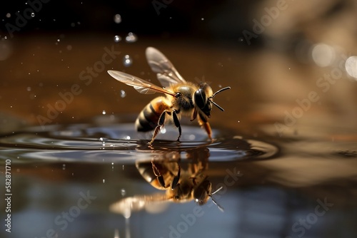 macro photography of bee hovering over own reflection in water during golden hour
