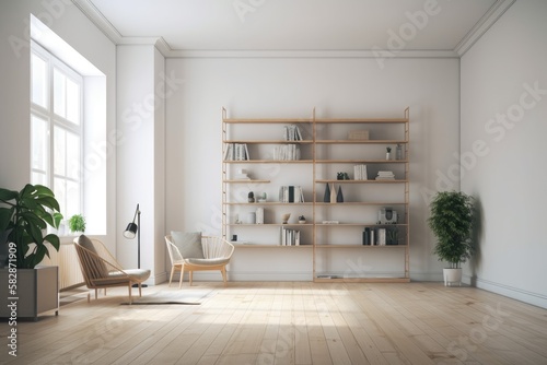 Interior of a light living room with a white poster that is empty, a large window, a chair, bookcases, carpet, and a wooden floor. minimalist design principle. a relaxed setting for meetings. a mockup
