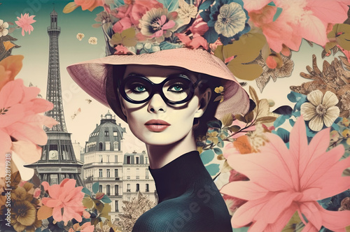 Spring in Paris. Beautiful fashion woman with flowers and blossoming trees collage. Generative AI