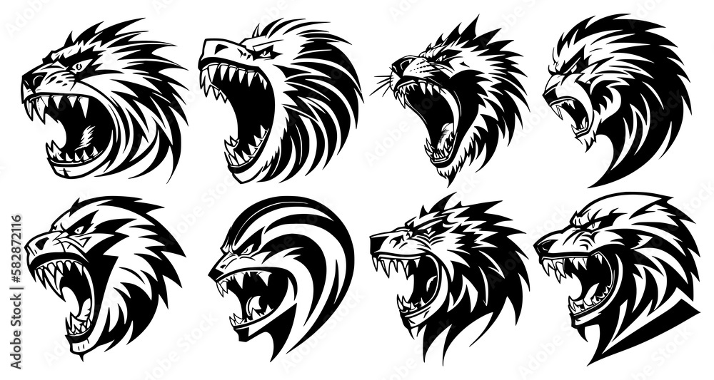 Set of predator heads with open mouth and bared fangs, with different angry expressions of the muzzle. Symbols for tattoo, emblem or logo, isolated on a white background. Set of predator heads with open mouth and bared fangs, with different angry expressions of the muzzle. Symbols for tattoo, emblem or logo, isolated on a white background.