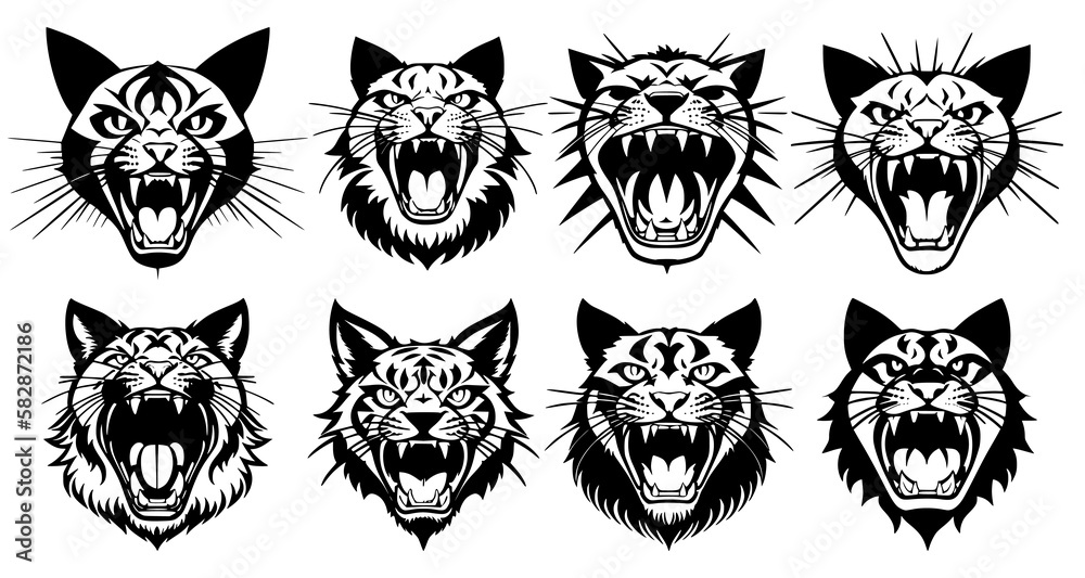 Set of cat heads with open mouth and bared fangs, with different angry expressions of the muzzle. Symbols for tattoo, emblem or logo, isolated on a white background.
