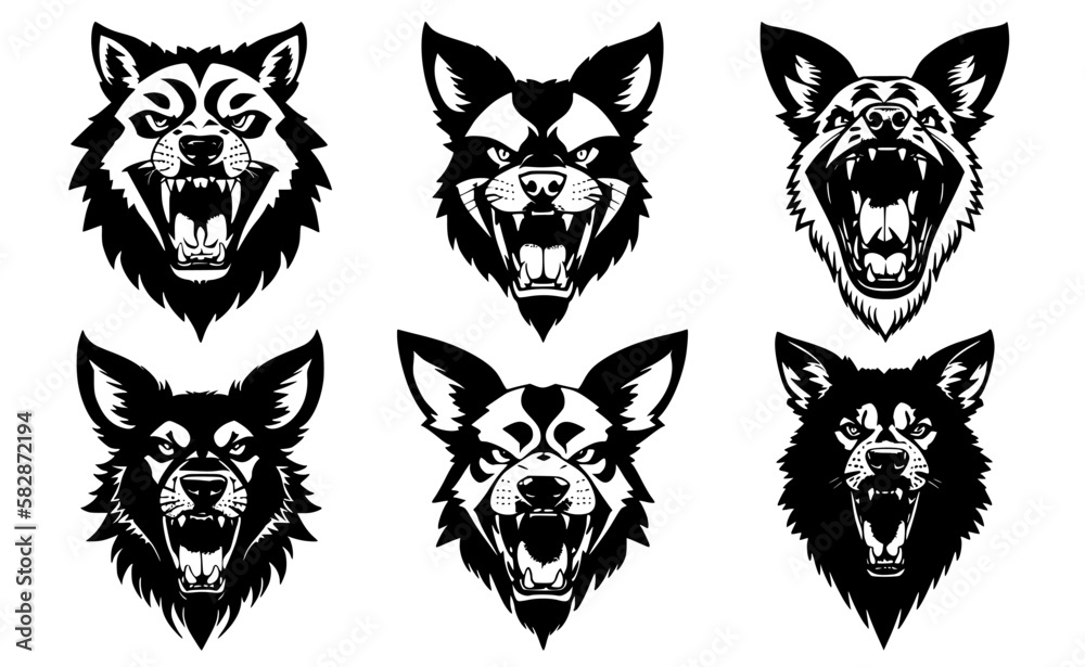 Obraz premium Set of dog heads with open mouth and bared fangs, with different angry expressions of the muzzle. Symbols for tattoo, emblem or logo, isolated on a white background.