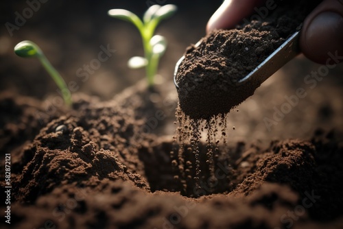 Close-up of persons hand planting seed in rich dark soil, concept of Germination and Sowing, created with Generative AI technology