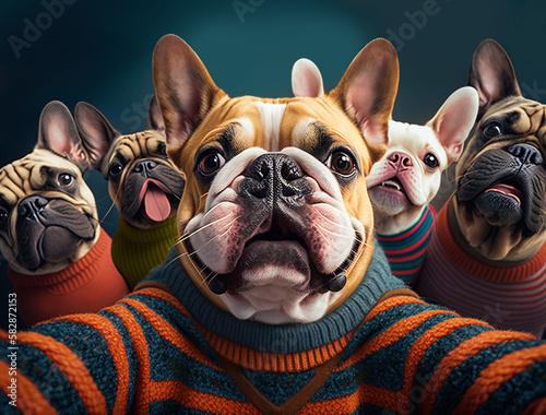 Ai generated image of a french bulldog taking a selfie with other dogs on an isolated background © annette shaff