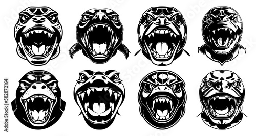 Set of turtle heads with open mouth, with different angry expressions of the muzzle. Symbols for tattoo, emblem or logo, isolated on a white background.