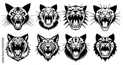 Set of cat heads with open mouth and bared fangs, with different angry expressions of the muzzle. Symbols for tattoo, emblem or logo, isolated on a white background.