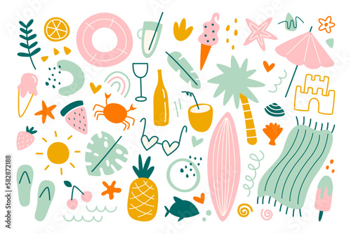 Abstract summer elements flat illustrations.Shapes of crab, fishes, cocktail drinks, tropical leaf, fruits and ice cream
