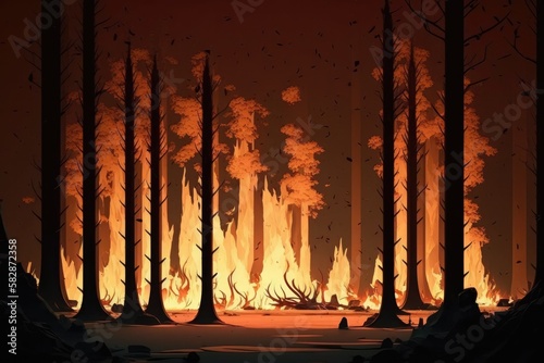 Fire in forest .Wildfire landscape  wildland. Natural ecology disaster. Burning trees and blaze wood at night. Flaming woodland.Generative AI
