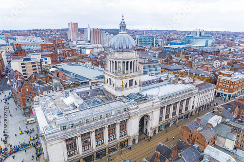 birds-eye view of Nottingham City Center, Old Market Square, United Kingdom. High quality photo
