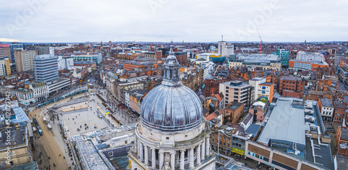 aerial panorama of Nottingham center, Old Market Square, winter's ordinary day. High quality photo