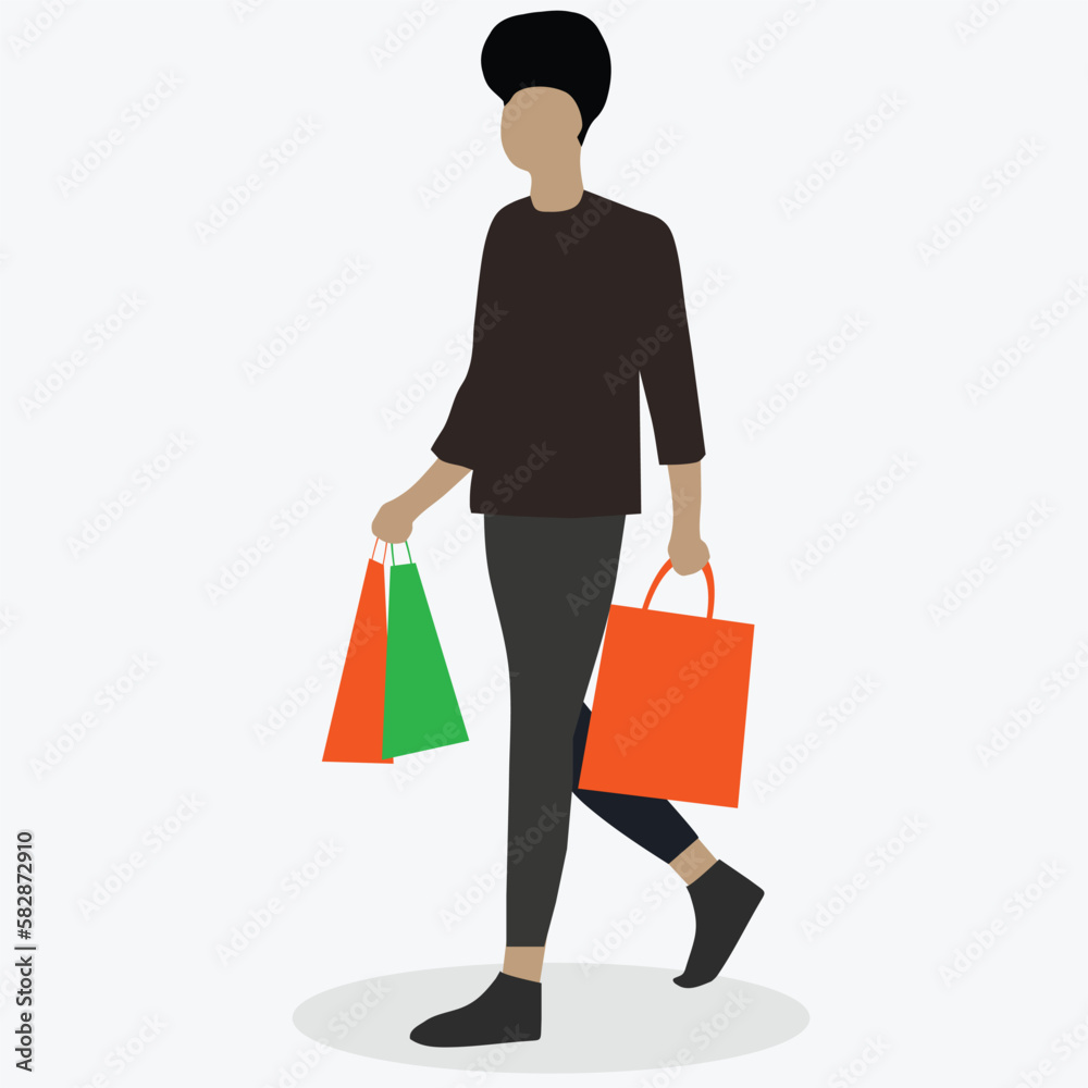 Male Shopper Walking Carrying Bags Vector Illustration