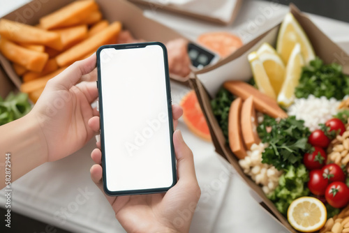 A hand with a phone on a white screen over food, order, delivery via the Internet, Generative AI.