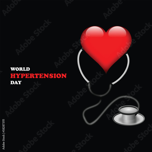 World Hypertension Day post, heart and stethoscope with black background vector illustration.