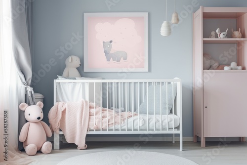 Interior of a baby s nursery with plush toy next to an empty poster and mockup. Actual image. Poster pasted in place. Generative AI