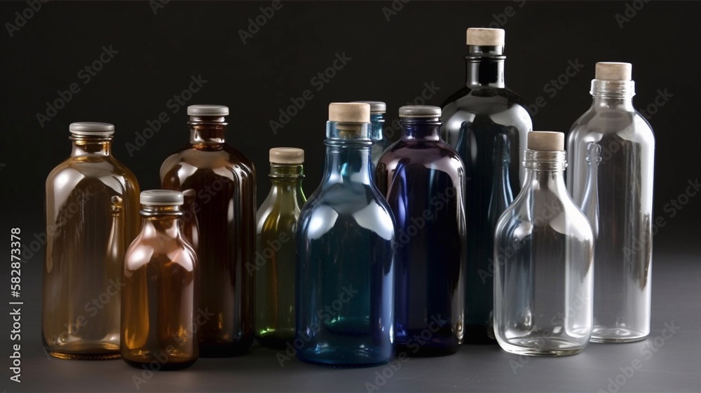 Glass bottles of different sizes and colors. Generative AI.